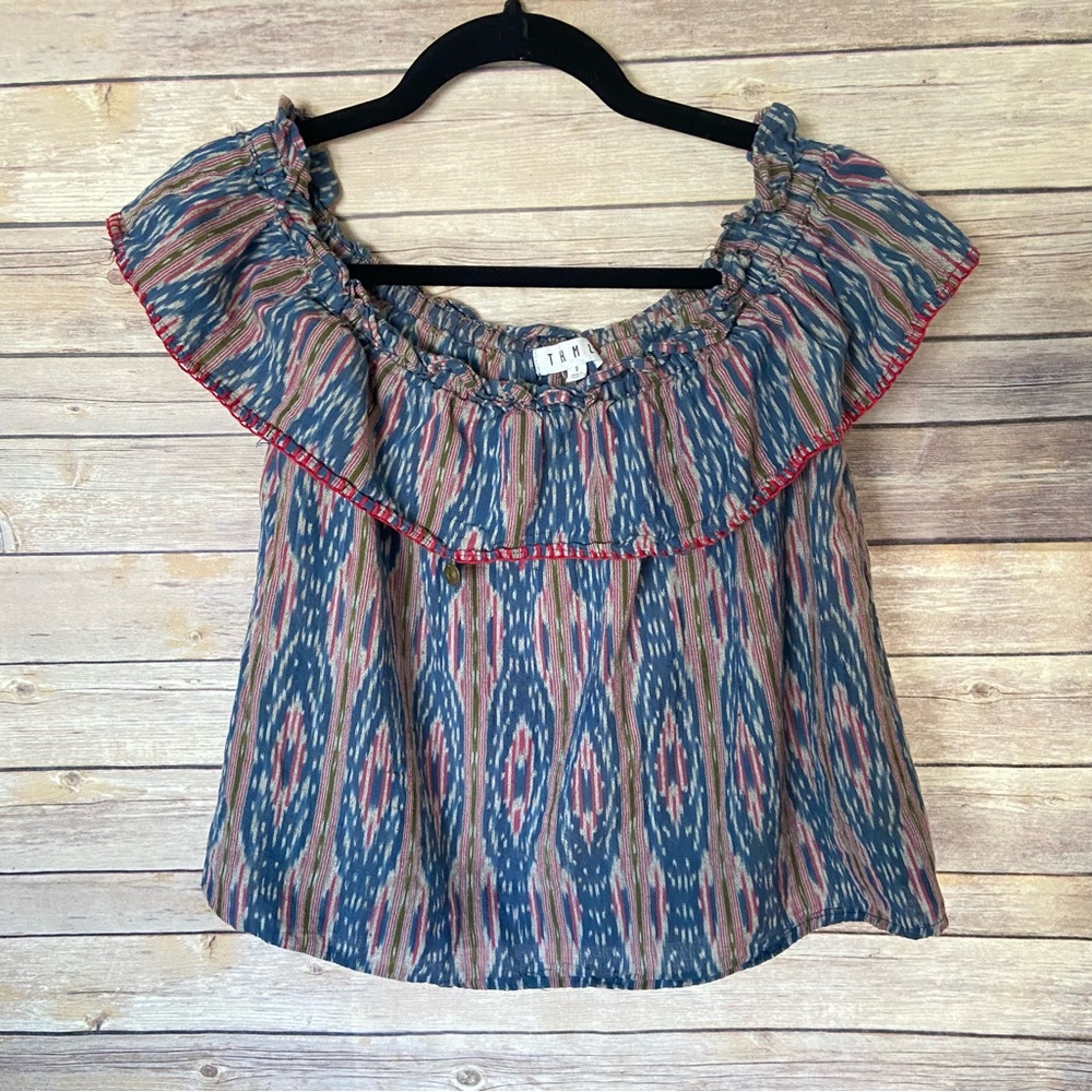 THML Women's Small Off-Shoulder Flutter Short Sleeve Coin Tassel Boho Top Shirt